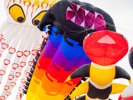 Pasir Gudang, Malaysia - March 3, 2018: Large, soft kites flying at the Pasir Gudang World Kite Festival in the Johor State of Malaysia.のeditorial素材