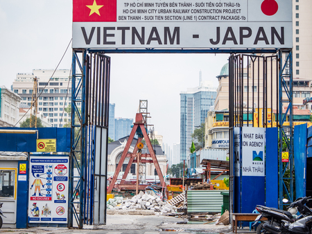 Ho Chi Minh City, Vietnam - April 5, 2019: Ho Chi Minh City Urban Railway Line 1 under construction. The line will be opened in 2020 and is 83 percent financed by Japan Bank for International Cooperation. The Saigon Opera visible in the background.のeditorial素材