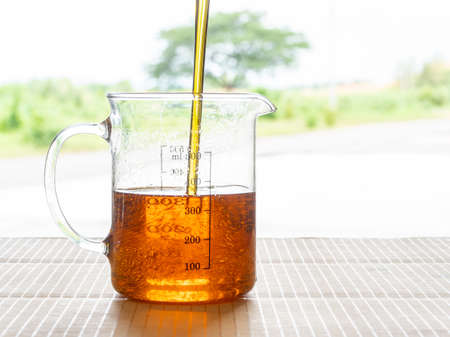 Chicken oil being poured into a glass jug. Chicken oil is made from chicken byproducts like bones,...