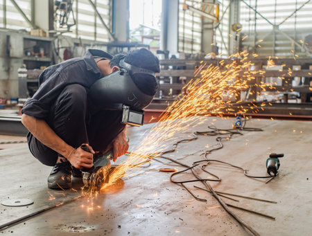 Male industrial worker wearing a weldig mask using an angle grinder on a steel plate, sparks flying.の写真素材