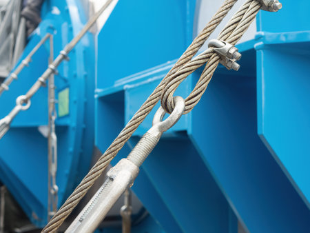 Wire rope with turnbuckles and clamps holding heavy machinery in place for shipment. Shallow depth of field with the foreground wire in focus.の写真素材