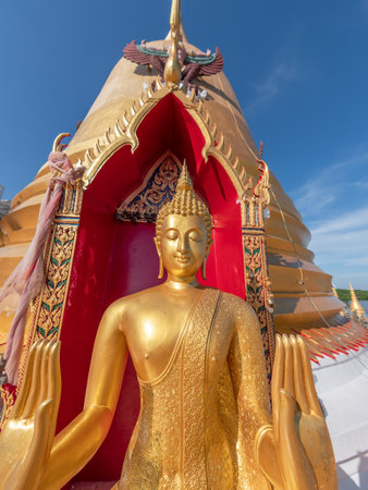 Buddha image at Wat Hong Thong, Bang Pakong, Chachoengsao, Thailand. Wat Hong Thong is a Buddhist temple that is now standing on stilts out in the sea due to land errosion along the Gulf of Thailand.の写真素材