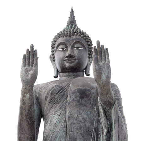 Standing Buddha image, isolated on white, at Wat Khun Samut Chin in Samut Prakan, Thailand.の写真素材
