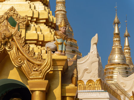 Detail of the Shwedagon Pagoda, the most famous landmark of Yangon, Myanmar.の写真素材