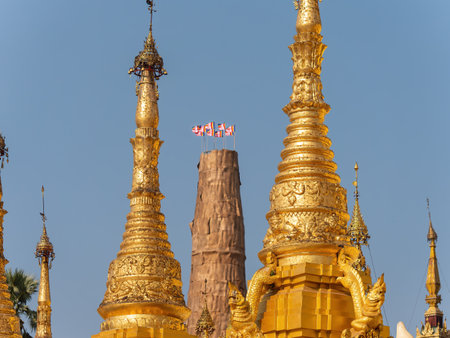 Detail of the Shwedagon Pagoda, the most famous landmark of Yangon, Myanmar.の写真素材
