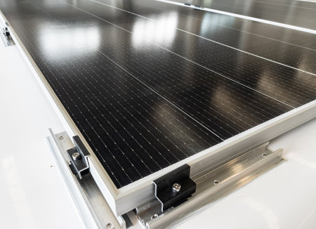 Solar panels mounted on the roof of a yacht.の写真素材