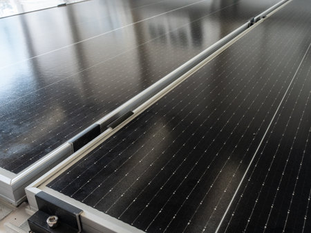 Solar panels mounted on the roof of a yacht.の写真素材