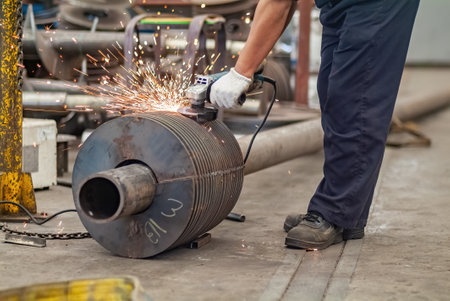 Industrial worker using an angle grinder at the early stages of making a screw conveyor from carbon steel..の写真素材