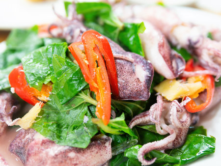 Vietnamese dish, muc hap (squid salad) at a restaurant in Thanh Hoa, Vietnam. Shallow depth of field with parts of the dish in focus.の写真素材