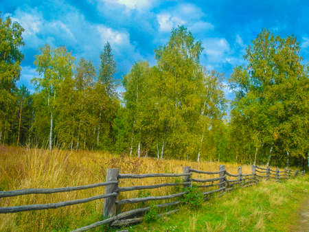 Scenery with wooden fence in the village. Nature background.の写真素材