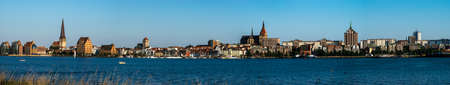 Night Panorama View to Rostock. River Warnow and City port. Mecklenburg-Vorpommern, Germany