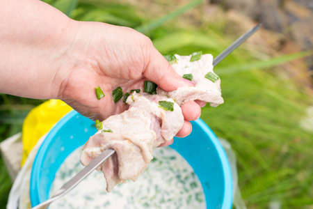 Marinated shashlik prepared for grill. Woman prepare meat for grill. Friends meeting, family reunion, leisure and weekends.の写真素材