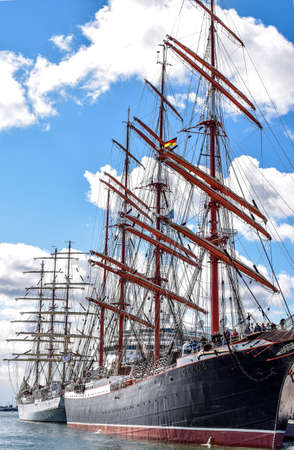ROSTOCK, GERMANY - AUGUST 2016: Four-master sailing ship STS Sedov, formerly Magdalene Vinnen II and Kommodore Johnsen. Sedov is Four-masted steel barque and a sail training vessel.のeditorial素材