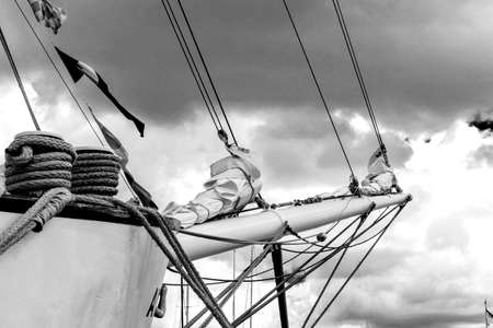 Bowsprit and rope coiled up of the sailing ship.の写真素材