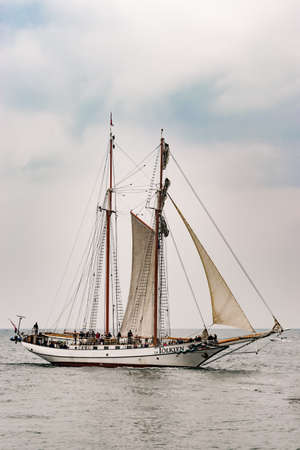 Rostock, Germany - August 2016: Sailing ship Tolkien on the sea.のeditorial素材