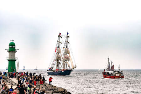 Rostock, Germany - August 2016: Sailing ships on Hanse-Sail Warnemuende.のeditorial素材