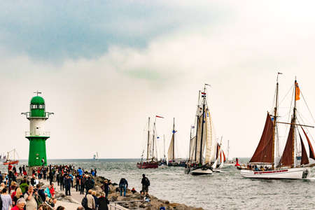 Rostock, Germany - August 2016: Sailing ships on the sea. Tall Ship.Yachting and Sailing travel. Cruises and holidays. Hanse-Sail Warnemuende at port Rostock, Mecklenburg-Vorpommern, Germanyのeditorial素材