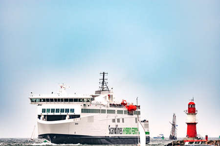 Rostock, Germany - August 2016: Scandlines hybrid ferry in the harbour of Warnemuendeのeditorial素材