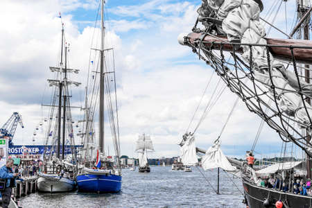 Rostock, Germany - August 2016: harbor, lots of sailing shipのeditorial素材