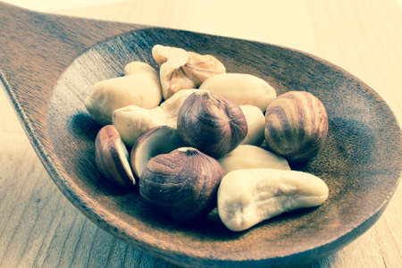 wooden spoon with nuts. hazelnuts, walnuts almondsの写真素材