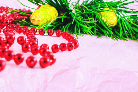 Christmas and New Year decorations. greeting card with Christmas pinecone and fir tree. Copy space.の写真素材