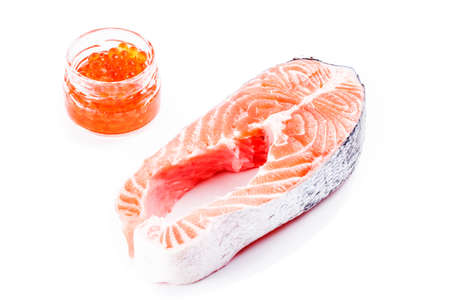salmon steak on white background.  Sea food. Healthy eating.の写真素材