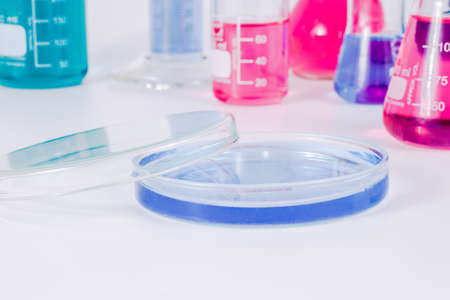 science and clinic background. Chemical and Medical laboratory research.  laboratory beakers and  petri dishes with colorful liquids and reagents.の写真素材