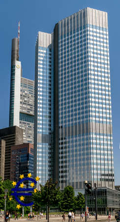 Frankfurt, Germany - July 27, 2017: Commerzbank and Euro sign in Frankfurt at Main Hauptwacheのeditorial素材
