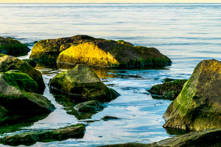 stones on coast at sea, Baltic Sea, Rostock Germanyの写真素材