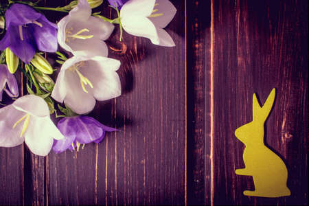 Easter rabbit with spring flowers close-up on dark wooden background. Easter mock up template. Easter sale, greeting and celebration card concept.の写真素材