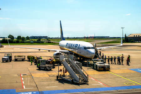 Berlin, Germany - August 09, 2017: Ryanair airplane in Airportのeditorial素材