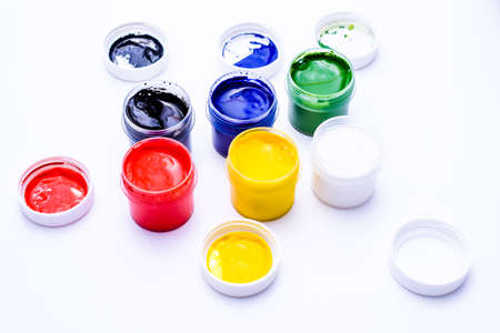Close Up of colorful watercolor or acrylic paints. art studio paints