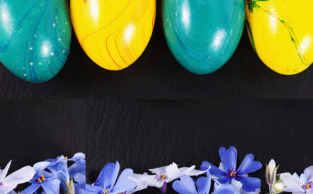 close-up of colorful easter eggs and phlox flowers on stone background with copy space. border...
