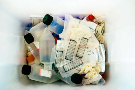 Medical and laboratory plastic waste. used plastic disposable test tubes and tips.の写真素材