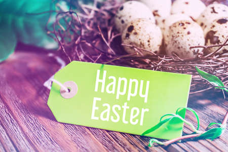 Happy Easter! Easter greeting card. quail eggs in the nest.の写真素材