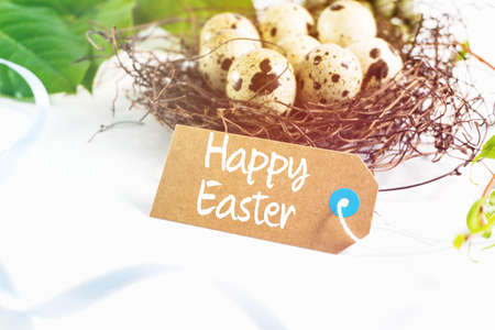 Happy Easter! Easter greeting card. quail eggs in the nest.の写真素材