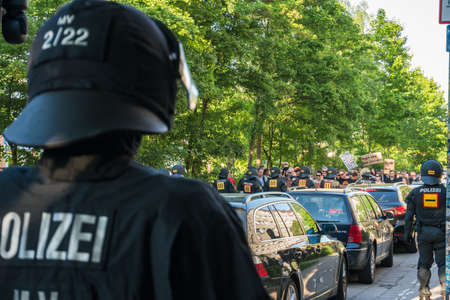 Rostock, Germany - May 14, 2018: AfD demo with slogan Stop Islamization and counter demonstration of...