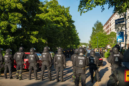 Rostock, Germany - May 14, 2018: AfD demo with slogan Stop Islamization and counter demonstration of the Left in Luetten Klein. AfD, Alternative for Germany, is a right wing political party in Germanyのeditorial素材