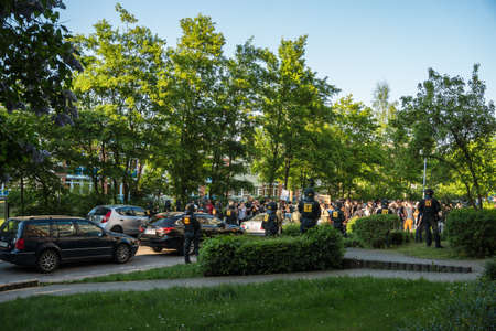 Rostock, Germany - May 14, 2018: AfD demo with slogan Stop Islamization and counter demonstration of the Left in Luetten Klein. AfD, Alternative for Germany, is a right wing political party in Germanyのeditorial素材