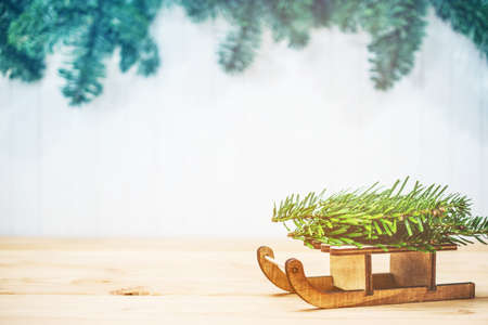 Christmas decoration on wooden background. Xmas greeting card concept. christmas gift shopping. New Year border with copy spaceの写真素材