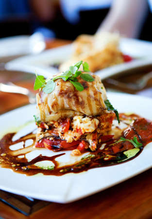 Delicious eel wraped in pancake with rice and vegetables. Traditional Chilean cuisineの写真素材