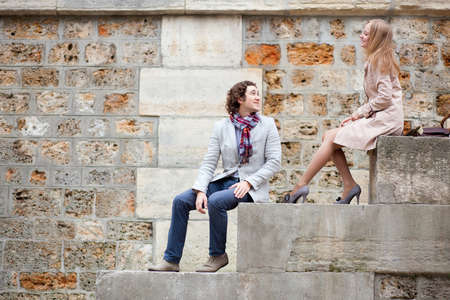 Romantic couple in Paris at the embankmentの写真素材