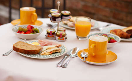 Delicious breakfast served for twoの写真素材