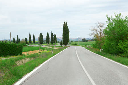 Winging road and cypresses in Tuscanyの写真素材