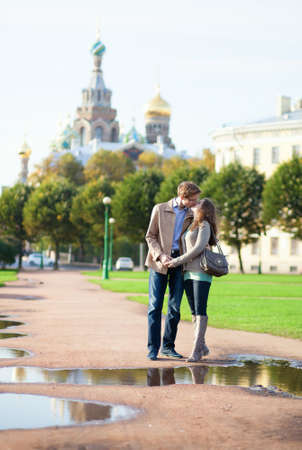 Dating couple near Church of the Savior on Blood in Saint-Petersburg, Russiaの写真素材