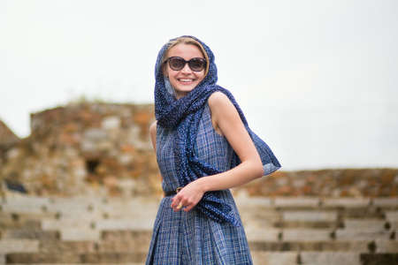 Elegant French woman in Cannes, at Le Suquetの写真素材