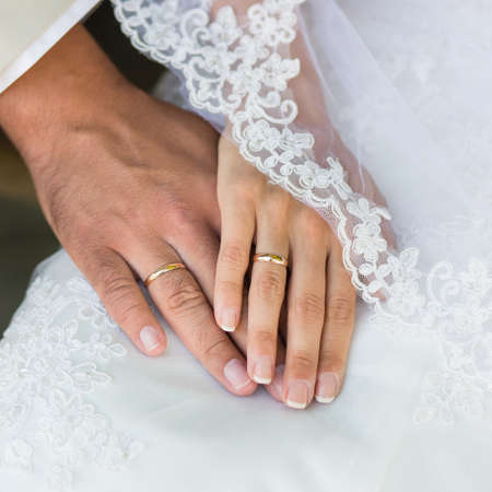 Hands of bride and groom with wedding rings