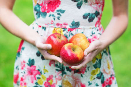 Closeup of female hands holding ripe red applesの写真素材