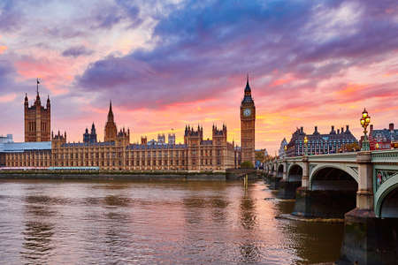 Cityscape of Big Ben and Westminster Bridge with river Thames at sunset, London, UK