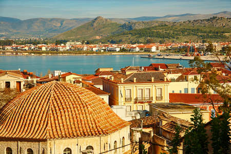 Bird view of central Nafplion with red tile roofs. Peloponnese peninsula, Greeceの写真素材